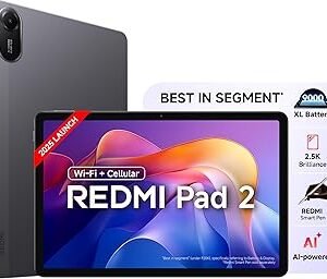 Redmi Pad 2 Wi-Fi + Cellular, Active Pen Support, 27.94cm(11") Model, 2.5K Sharp & Clear Display, 6GB, 128GB, All Day & More 9000mAh Battery, AI-Enabled, Dolby Atmos, HyperOS 2, Graphite Grey